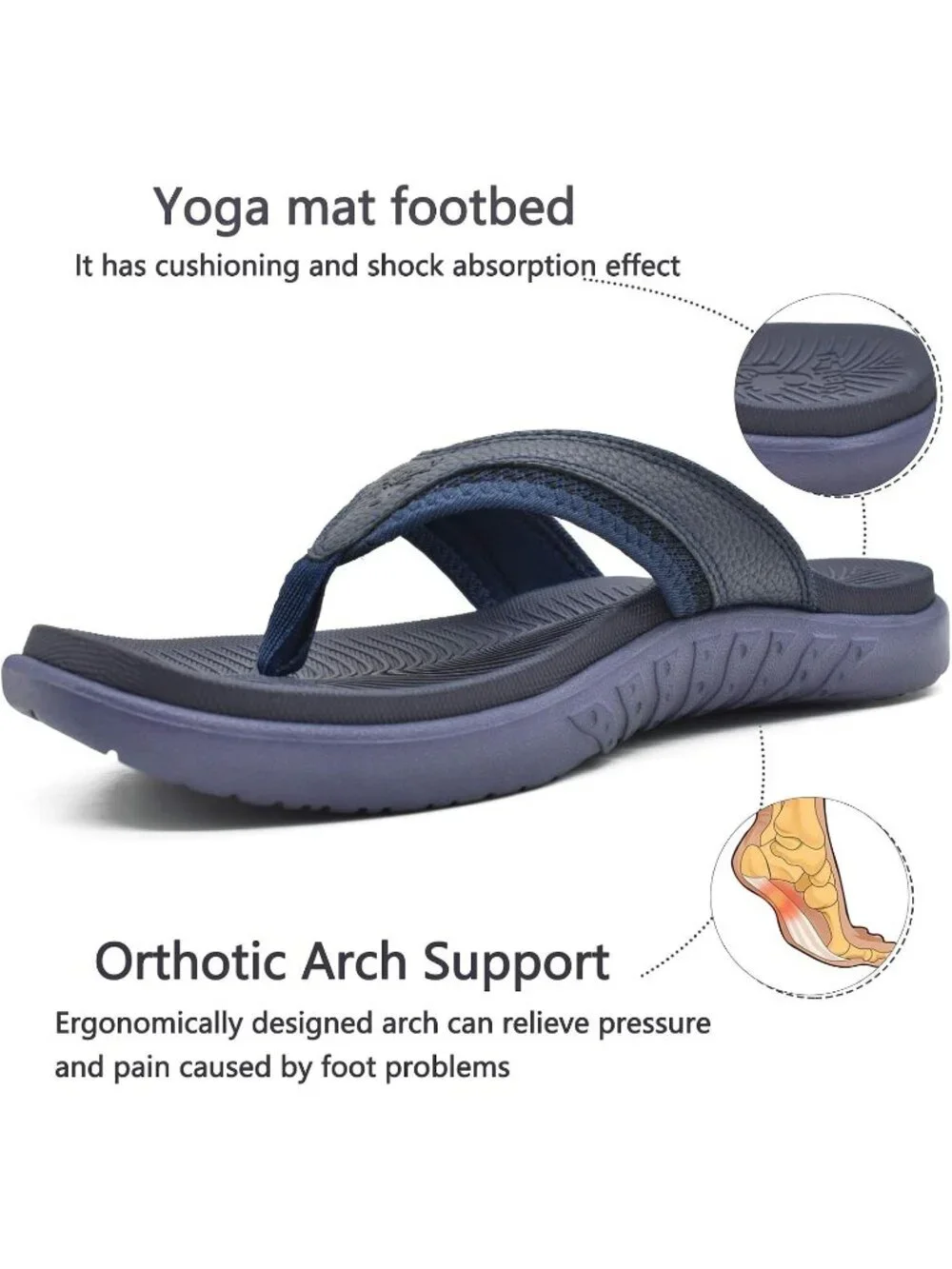 Mens Dark Blue Arch Support Sport Flip Flops Comfort Orthotic Thong Sandal Shoes